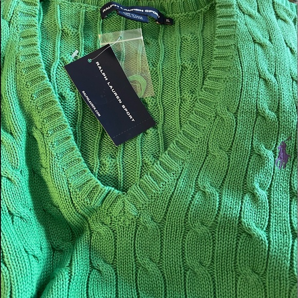RALPH LAUREN Classic Green Cable Knit V-Neck Sweater Purple Polo Pony Sz XL NEW! - Picture 4 of 12